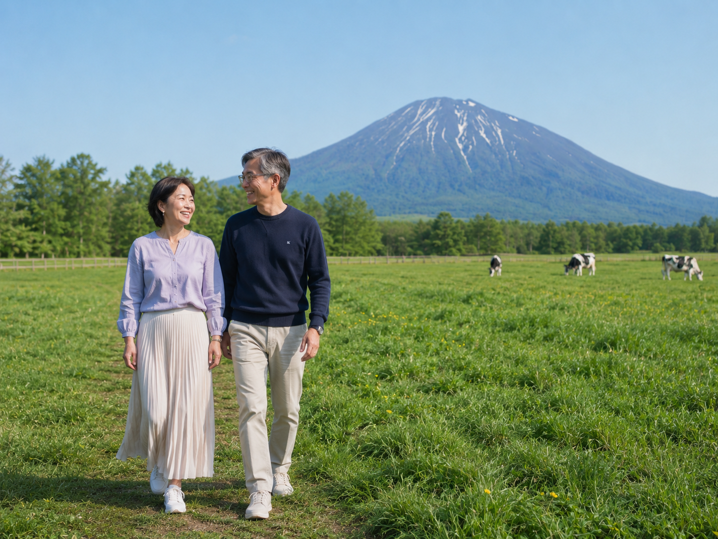 羊蹄山と緑の牧草地